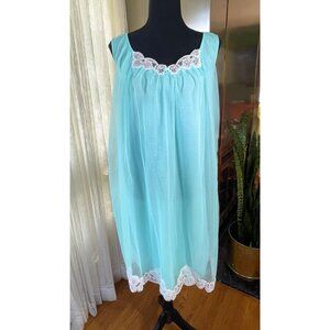 Vintage 60s night dress, blue double layered sleeveless nightgown, white lace